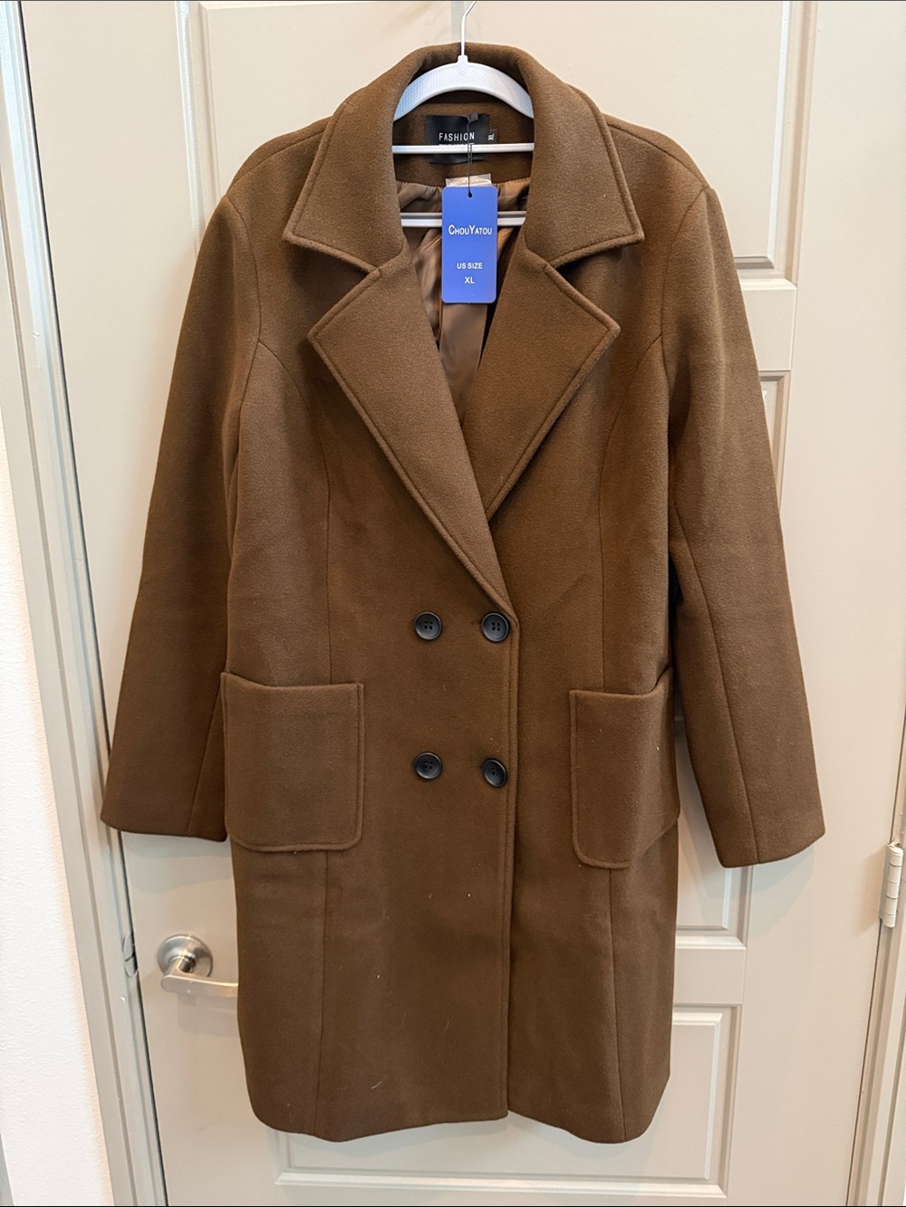 ChouYatou Brown Double-Breasted Pea Coat with Notched Lapel
